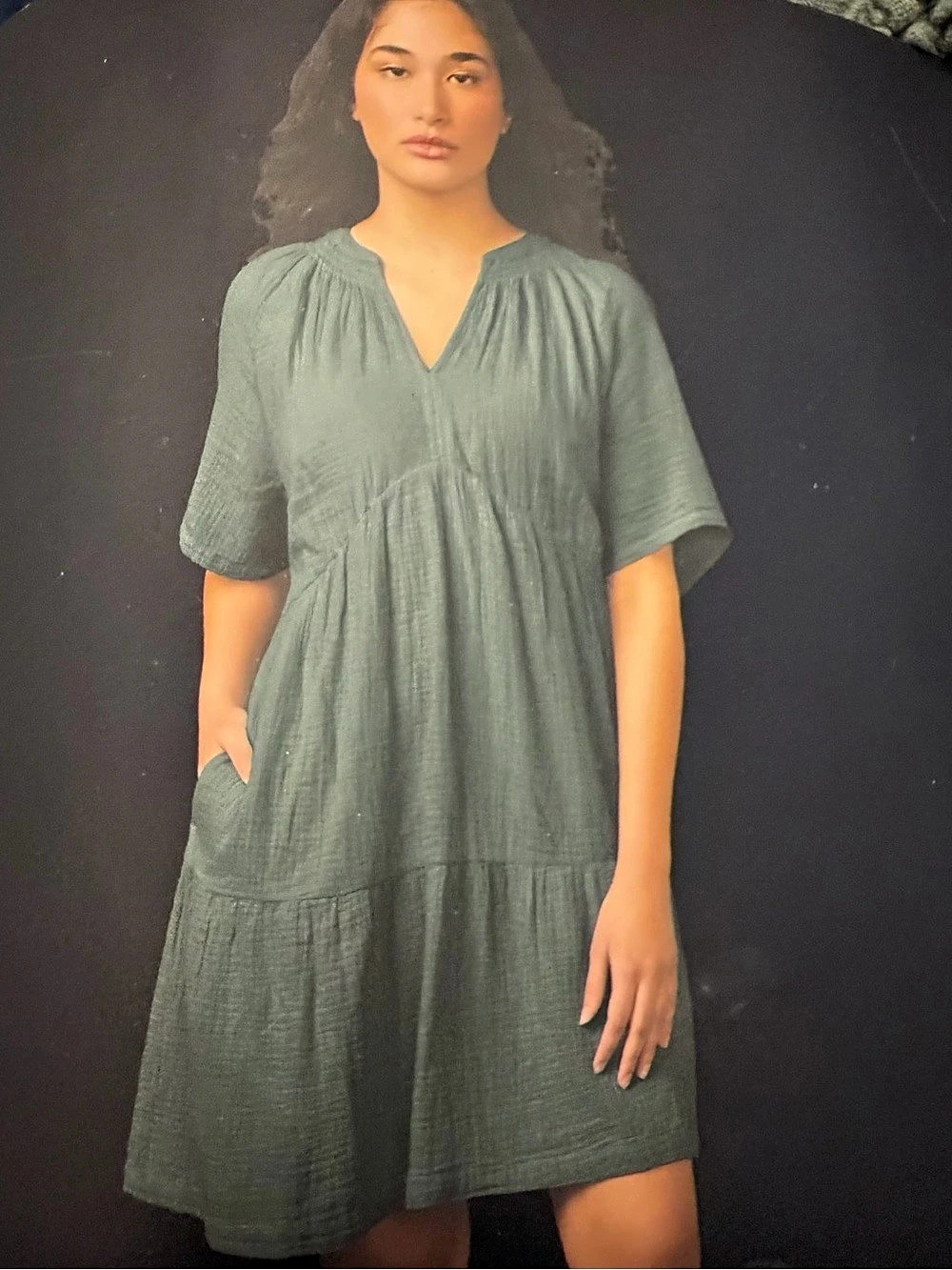 Gap Gauze Dress Green Soft Cotton Crinkle Tiered New $70 XL Relaxed Fit